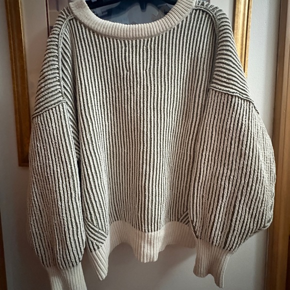 aerie Striped V-Neck Oversized Sweater in Cream & Olive - Picture 2 of 3